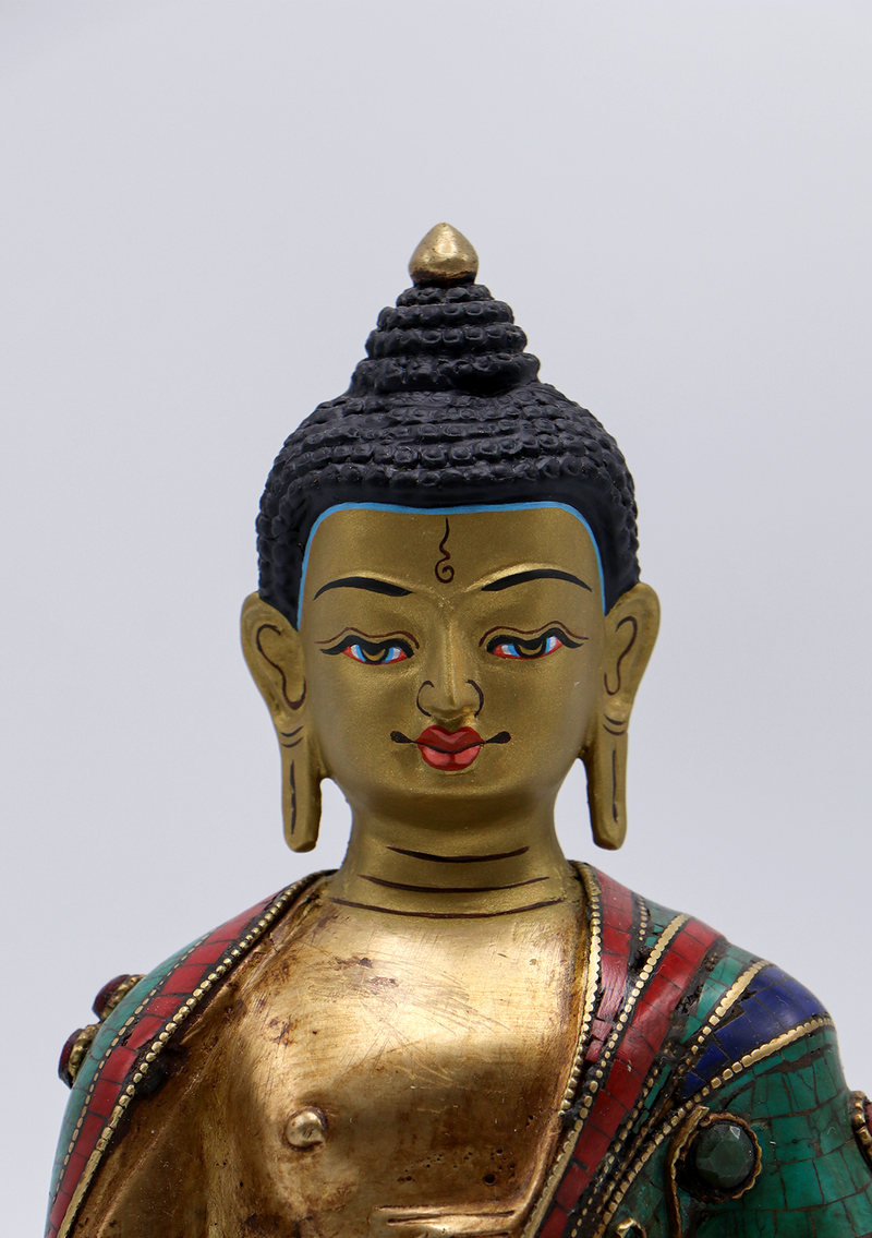 Stone Inlaid Amitabha Buddha Statue 6.5"H