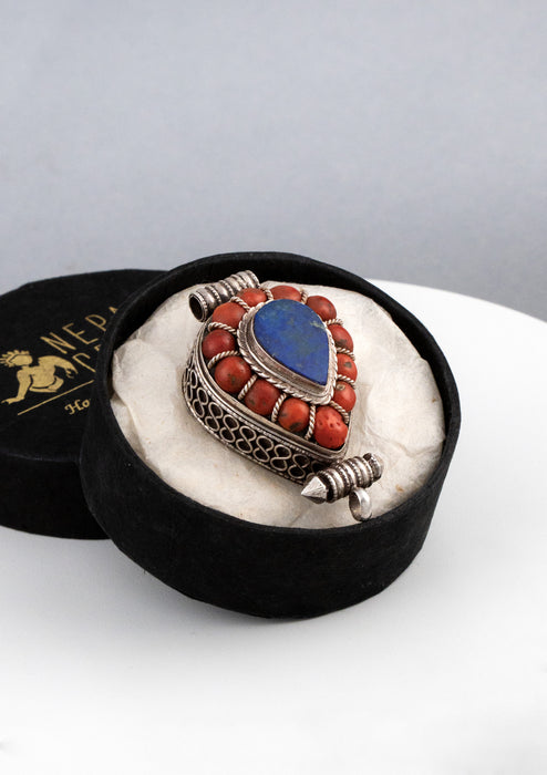 925 Silver Tibetan Ghau with Coral and Lapis Lazuli Stone Inlay