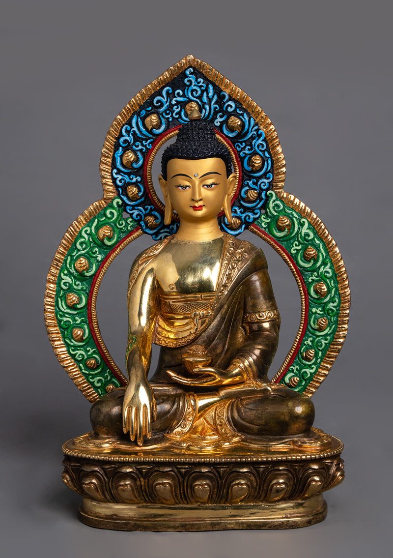 Partly Gold Plated Shakyamuni Buddha Statue with Hand-Painted Mandorla – 10" Handmade Nepalese Buddhist Art