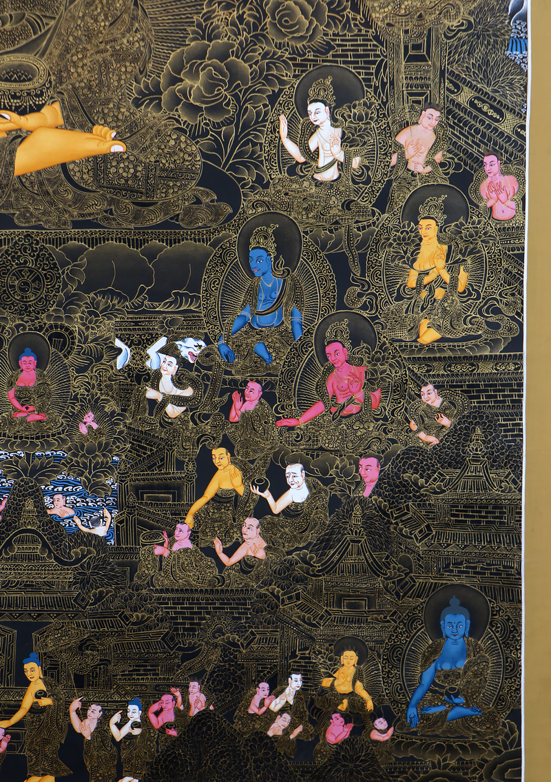 Shakyamuni 24 K Gold and Black with Disciples Thangka Painting