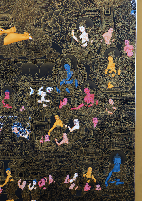 Shakyamuni 24 K Gold and Black with Disciples Thangka Painting