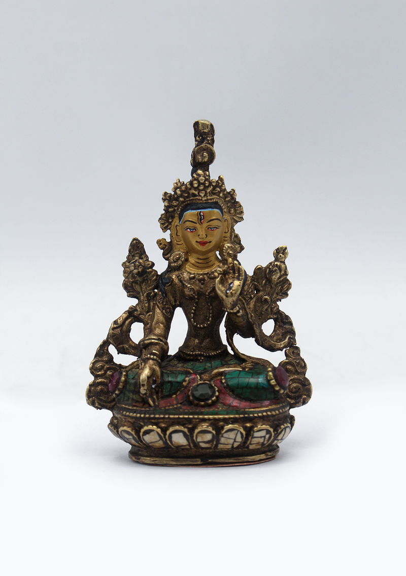 Stone Inlaid Copper White Tara Statue 3.5"H