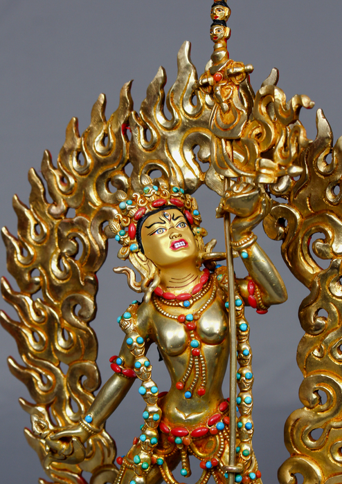 24K Gold-Gilded Vajrayogini Statue with Turquoise & Coral Inlay – 10.5"