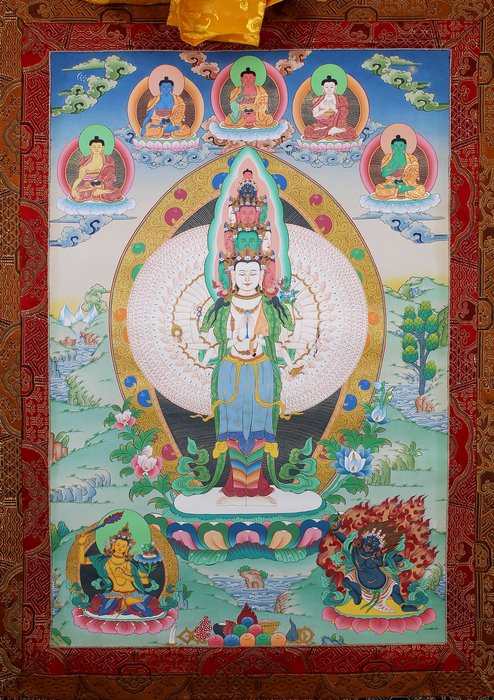 Thousand-Armed Avalokiteshvara Brocade Thangka Painting – Compassion Embodied in Art