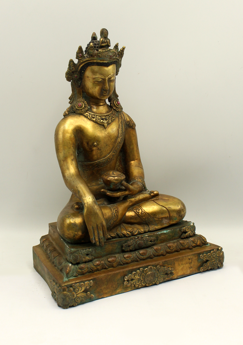 Antique Gilted Crown Buddha Statue 11" H