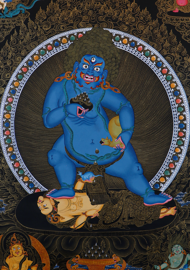 Five Dzambalas – Deities of Prosperity in Black & Gold Thangka