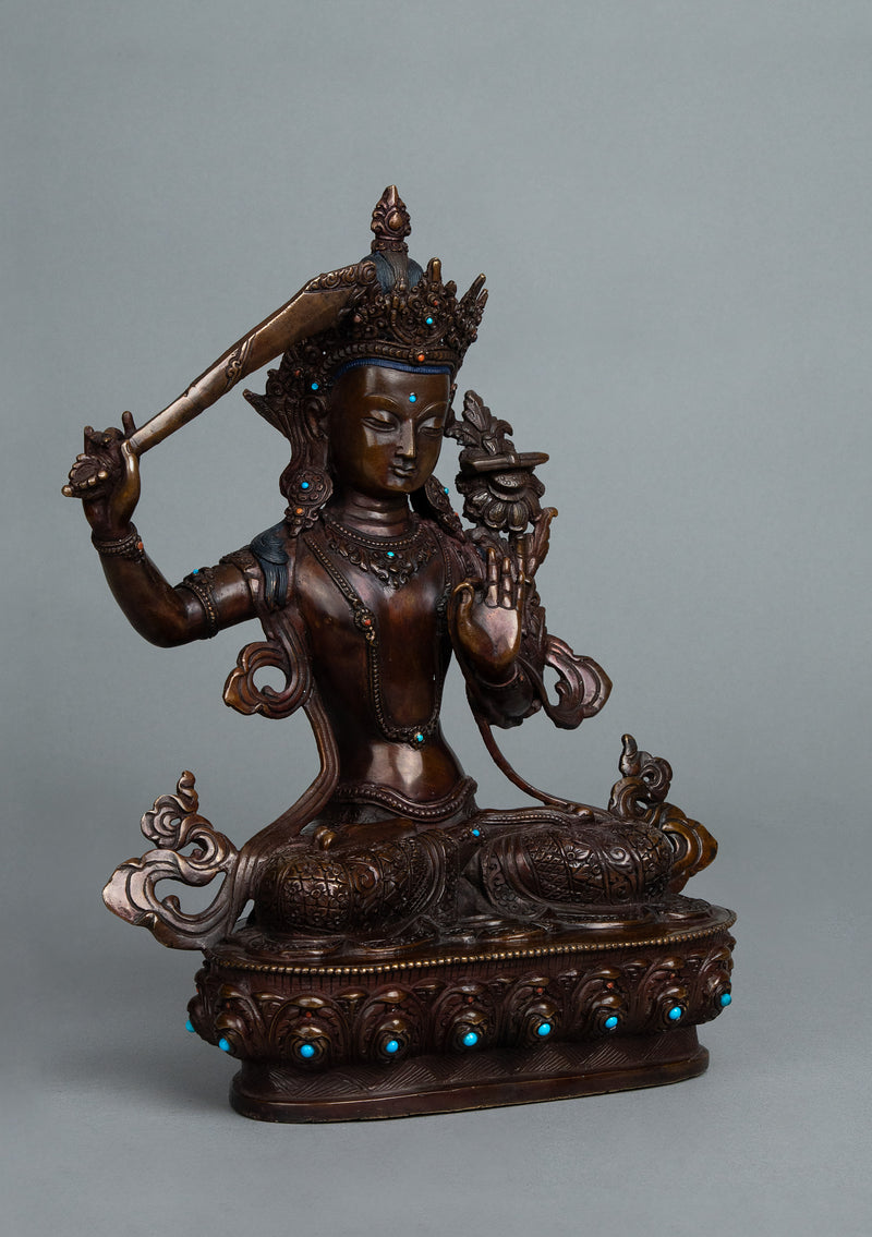 Oxidized Copper Manjushree Statue 13"H
