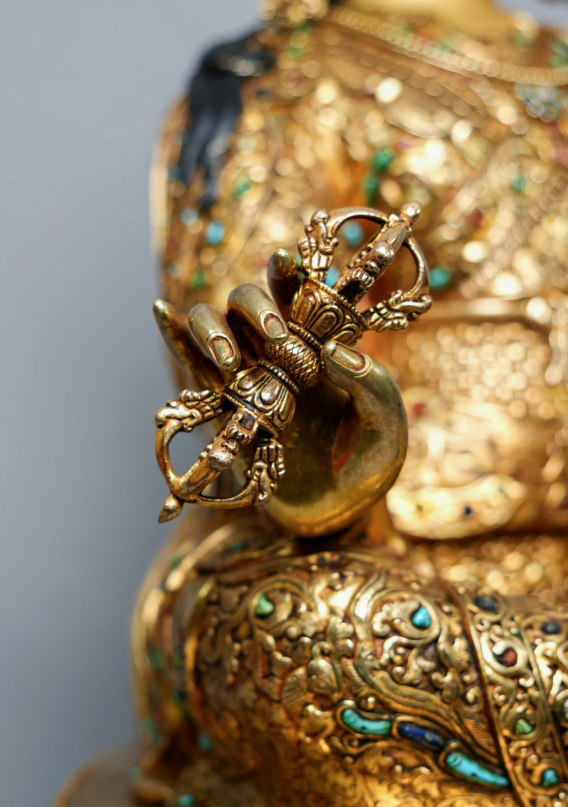 Masterpiece 24K Gold Plated Stone Inlaid Guru Padmasambhava Statue 2 feet High