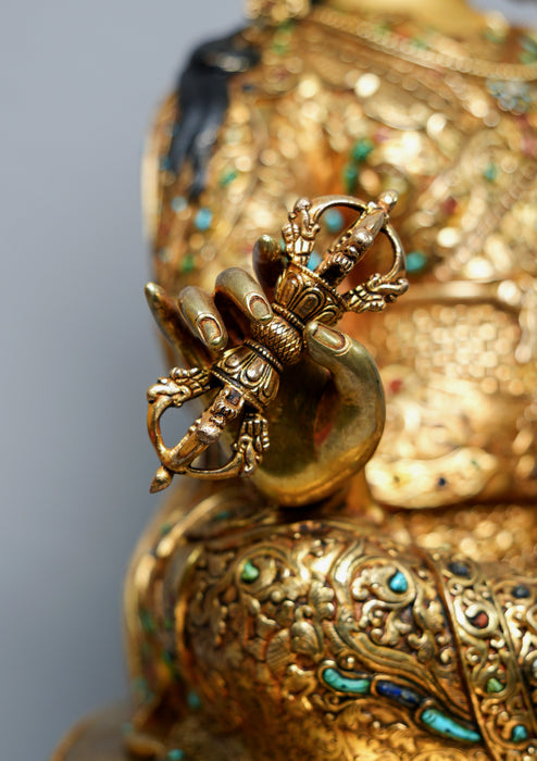Masterpiece 24K Gold Plated Stone Inlaid Guru Padmasambhava Statue 2 feet High