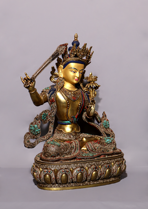 Mastercrafted Silver Filigree Stone Inlaid Manjushri Statue 19"H