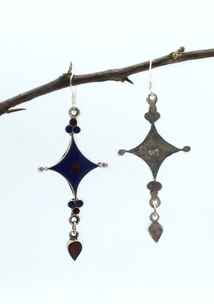 Sterling Silver Star Shaped Drop Earrings with Inlaid Lapis and Coral