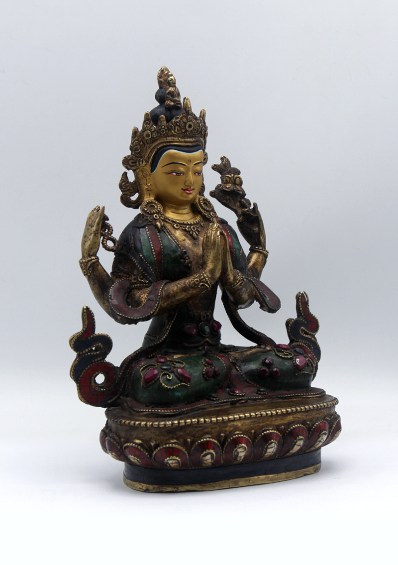 Stone Inlaid Copper Chenrezig Statue 9"H