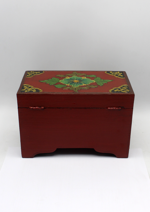 Handpainted Tibetan Green Flower Wooden Box with Parasol- Large