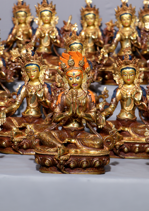 21 Tara Set Partly Goldplated Copper Statue 9" H