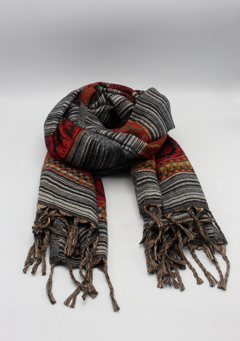 Hand loomed Maroon Blackand White Lined Woolen Shawl Nepal- Saugat