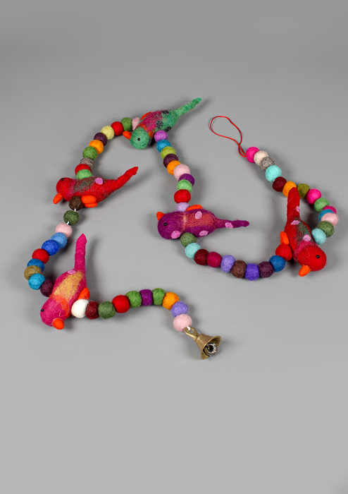 Colorful Felt Ball Wall Hanging with Birds & Bell – Handmade Wool Home Decoration