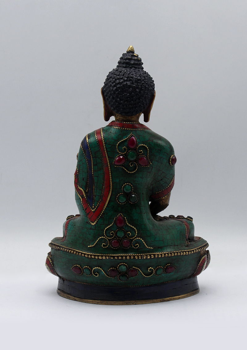 Stone Inlaid Copper Amitabha Buddha Statue 8.5"H