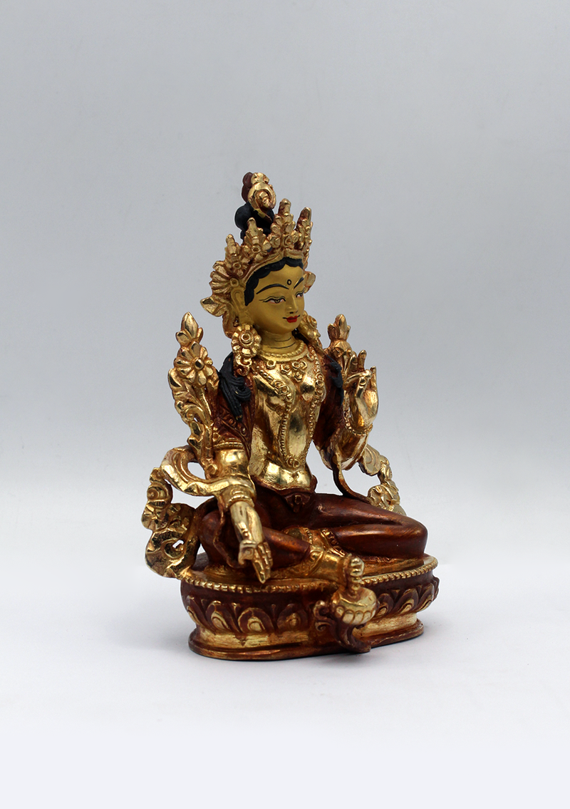 Partly Gold Plated Green Tara Statue 5.5" H