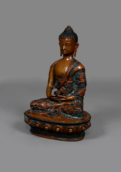 Antique Copper Amitabha Buddha Statue 8"H