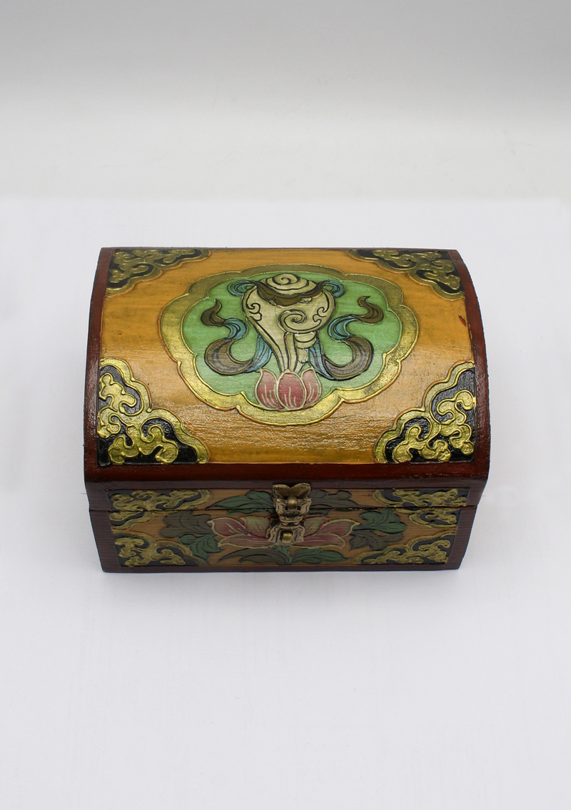 Handpainted Tibetan Wooden Optical Box with Conch- Large