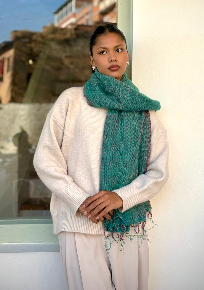 Hand loomed Green Striped Yak Wool Shawl Nepal