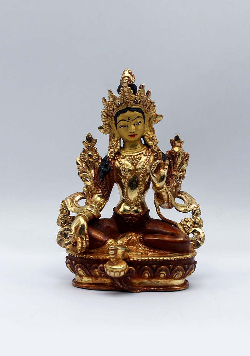 Partly Gold Plated Green Tara Statue 5.5" H