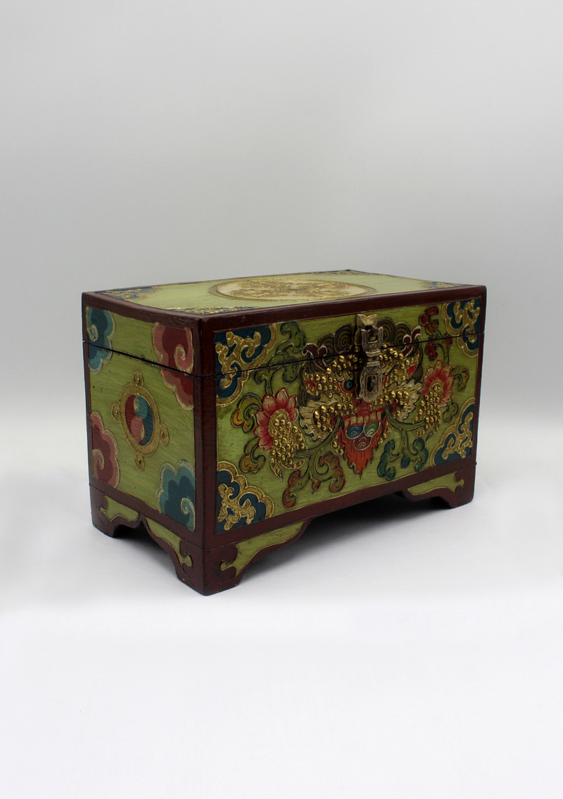 Handpainted Tibetan Double Dorjee Green Wooden Box -Large