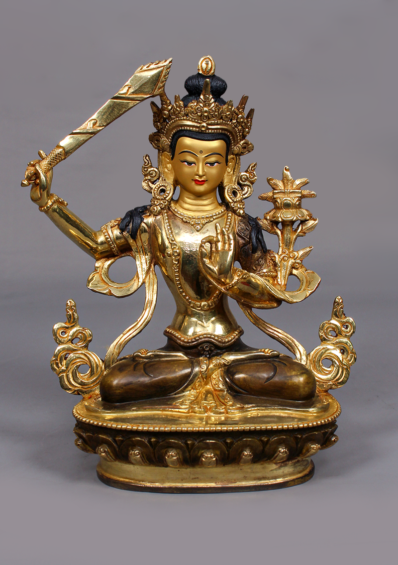 Partly Gold Plated Manjushree Statue 9" H