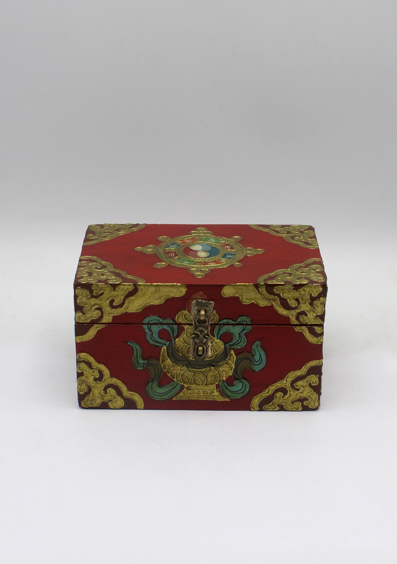 Handpainted Tibetan Wooden Box with Dharmachakra- Medium