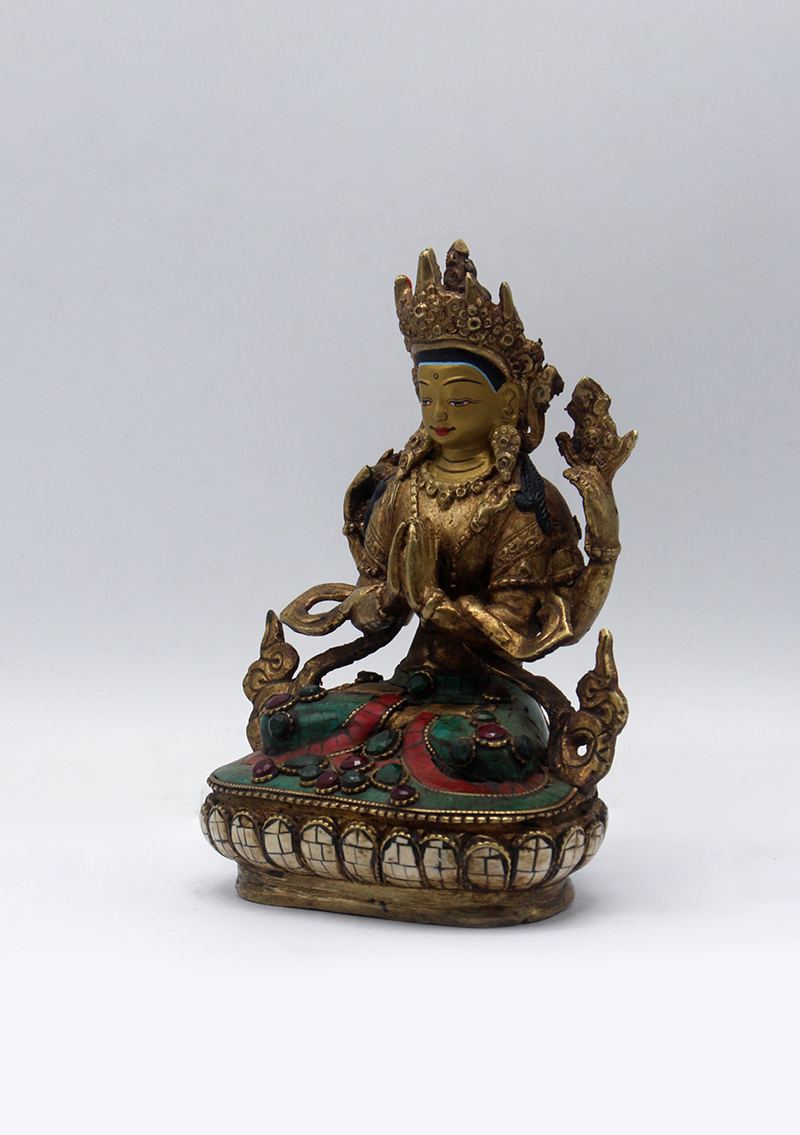 Stone Inlaid Copper Chenrezig Statue 6"H (1)