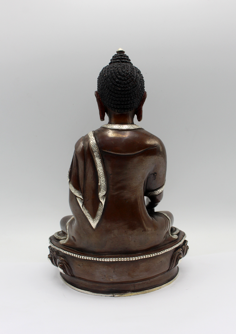 Copper Silver Inlaid Shakyamuni Buddha Statue 8" H