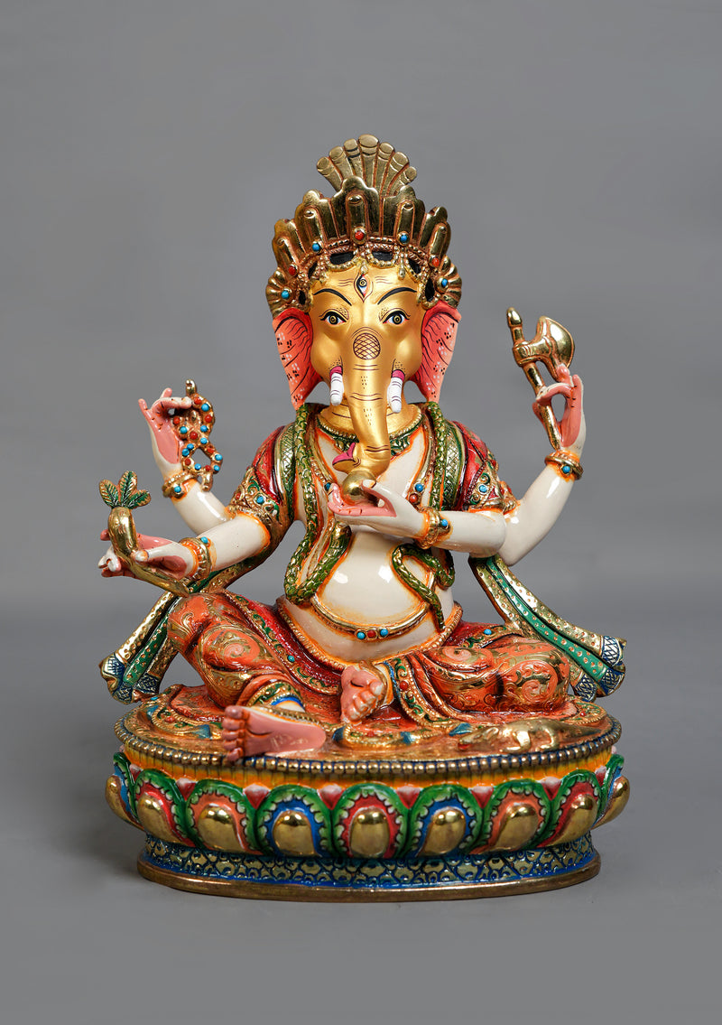 9" Handpainted Ganesh Statue – Partly Gold Plated Copper, Patan Nepal