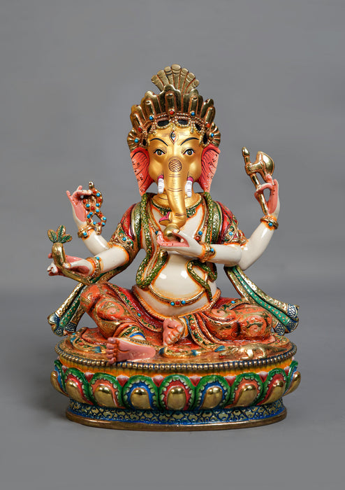 9" Handpainted Ganesh Statue – Partly Gold Plated Copper, Patan Nepal