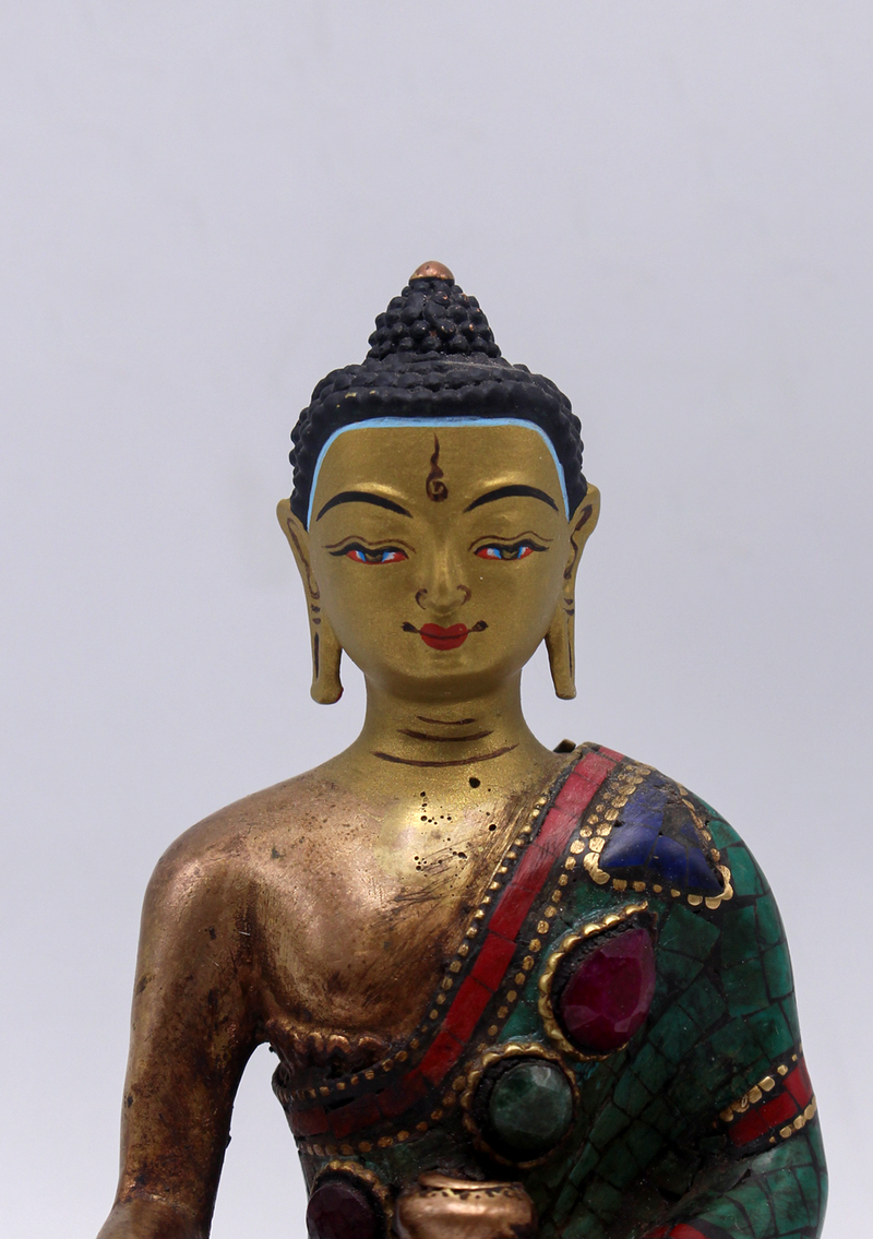 Stone Inlaid Copper Shakyamuni Buddha Statue 4.5"H