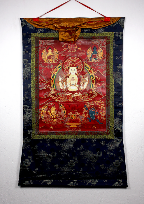 Chenrezig God of Compassion Brocade Thangka Painting