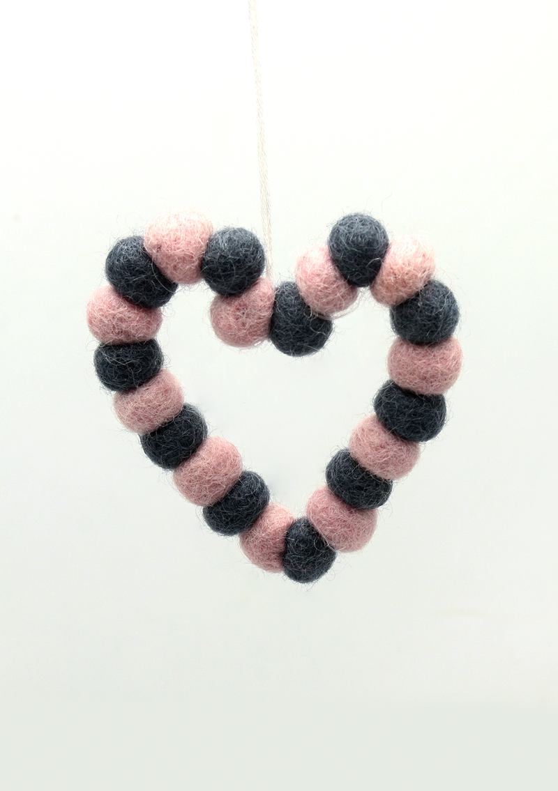Pink and Green Felt Ball Heart Christmas Hanging Ornament