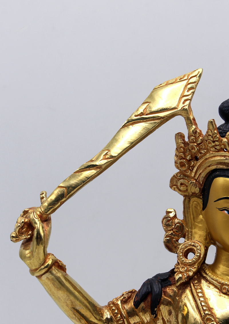 God of Wisdom Gold Plated Manjushri Statue 9" H