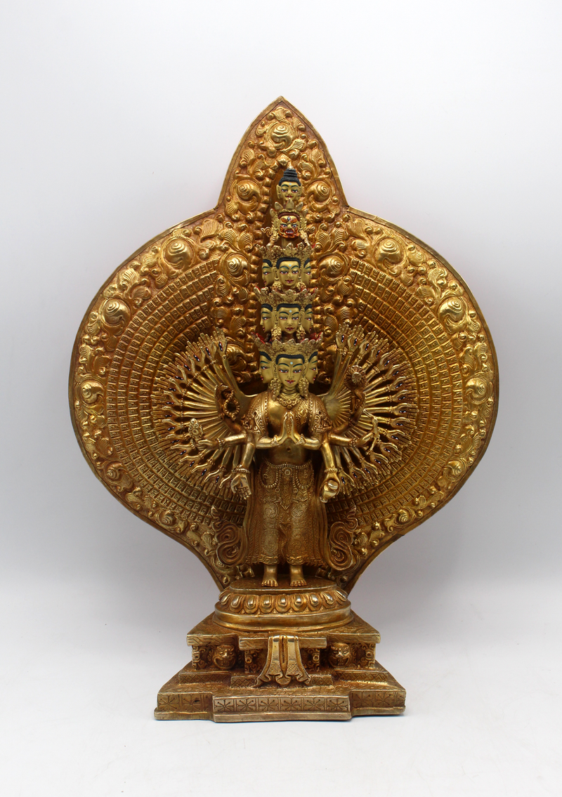 Thousand Arms Bodhisattva Avalokiteshvara Statue Antique Gold Patina 14.5"