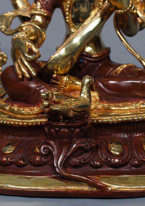 Partly Gold Plated Copper Saraswoti Statue 9.2" H