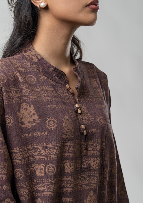 Hare Ram Hare Krishna  Khadar Kurta Shirt - Coffee