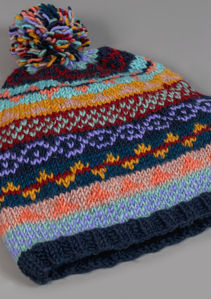 Handknitted Woolen Dark Blue Multicolor Pompom Beanie