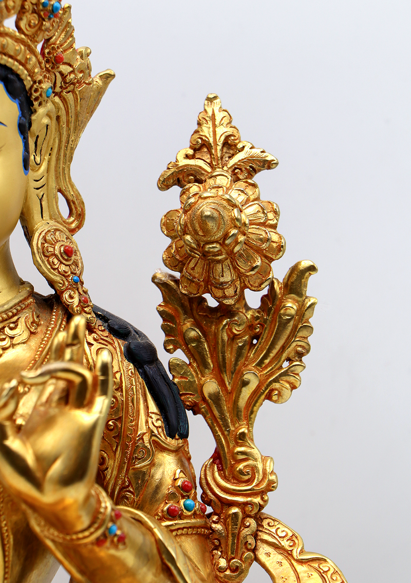 Green Tara Dolma 24 K Gold Stone Inlaid  Copper Statue 14"H