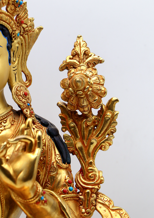 Green Tara Dolma 24 K Gold Stone Inlaid  Copper Statue 14"H