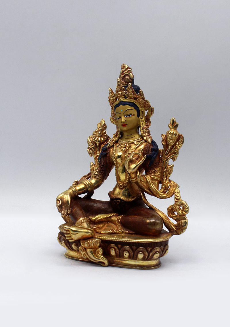 Partly Gold Plated Copper Green Tara Statue 5.5"H