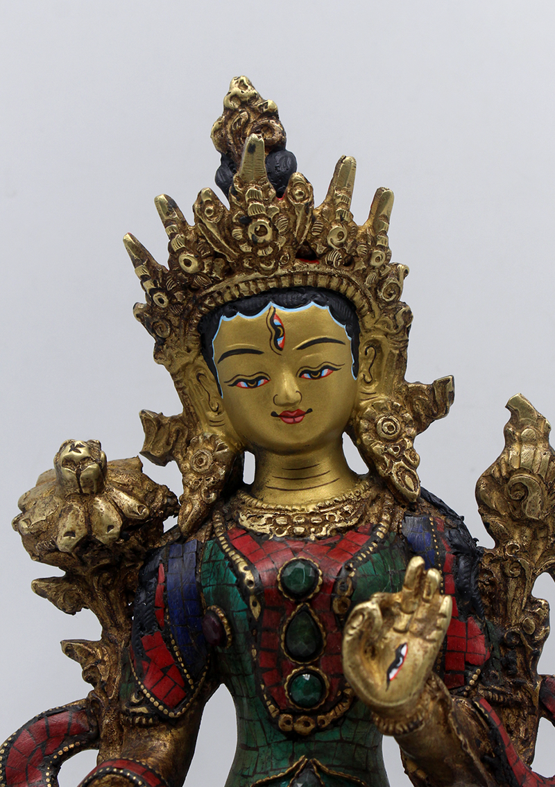 Stone Inlaid Copper White Tara Statue 9"H