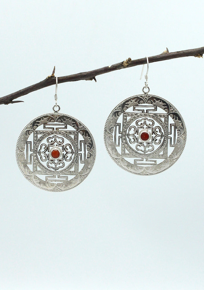 Sterling Silver Coral Inlaid Mandala Earrings Large