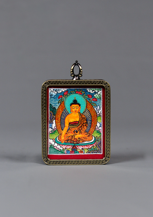 Hand Painted Mini Shakyamuni Thangka Amulet Pendant Brown