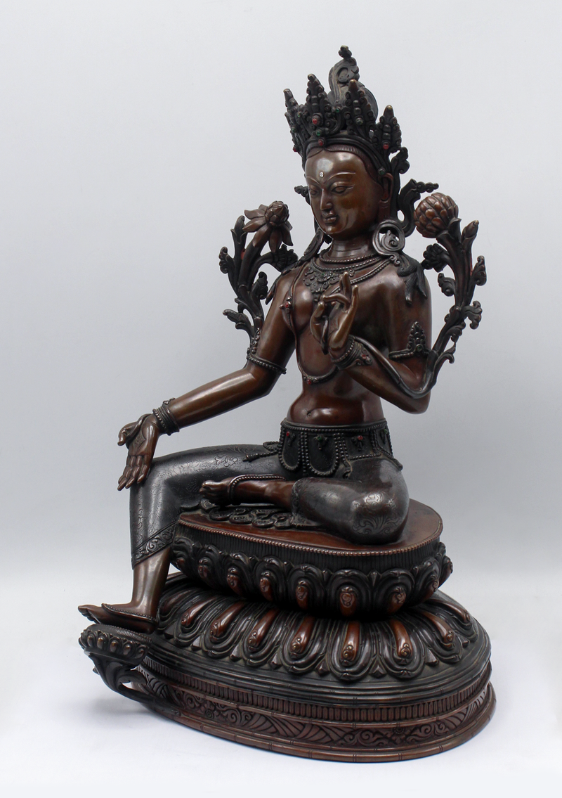 Exquisite Handcrafted Green Tara Statue – 14” | Seated on Double Lotus | Nepalese Masterpiece