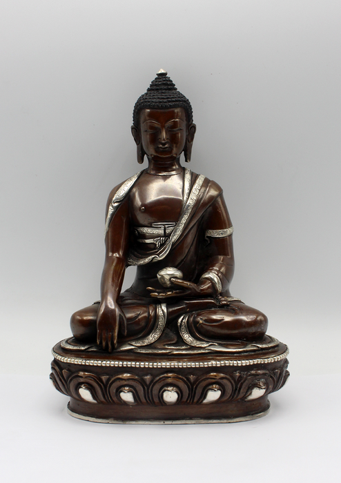 Copper Silver Inlaid Shakyamuni Buddha Statue 8" H