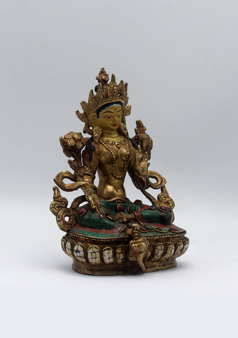 Stone Inlaid Copper Green Tara Statue 6"H (1)
